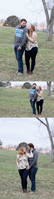 young couple posing in Shawnee mission park for engagement session with susy photo