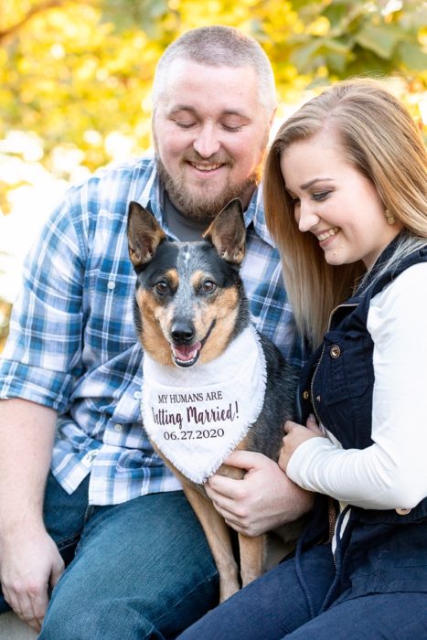 Kansas City engagement session of couple with dog in a park