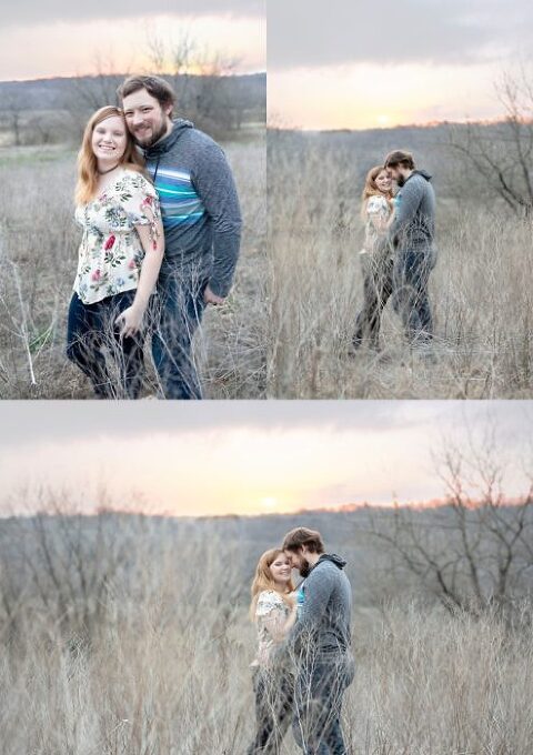 young couple posing in Shawnee mission park for engagement session with susy photo