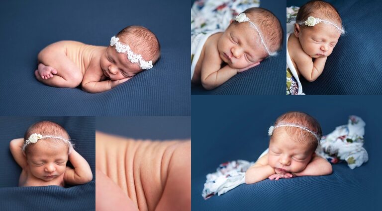 Kansas city newborn photograher with newborn girl on navy and plaid