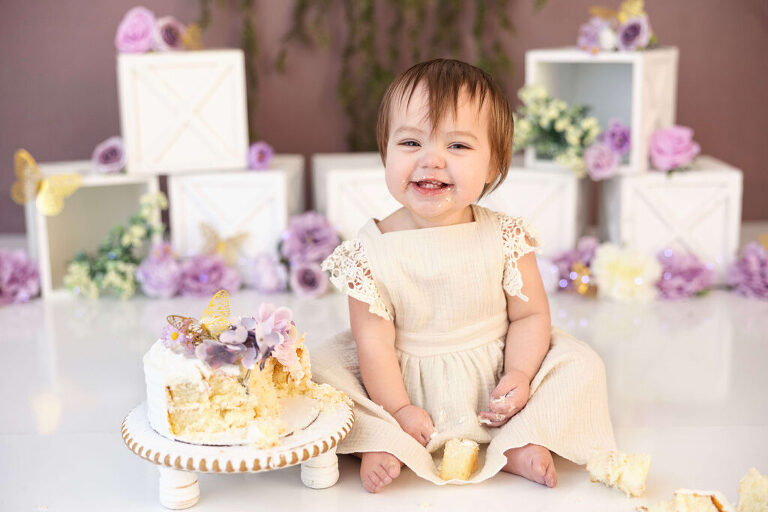 Floral Garden Purple Cake Smash Kansas City Photogrpaher Babies First Birthday Top 10 Cake Smash Themes